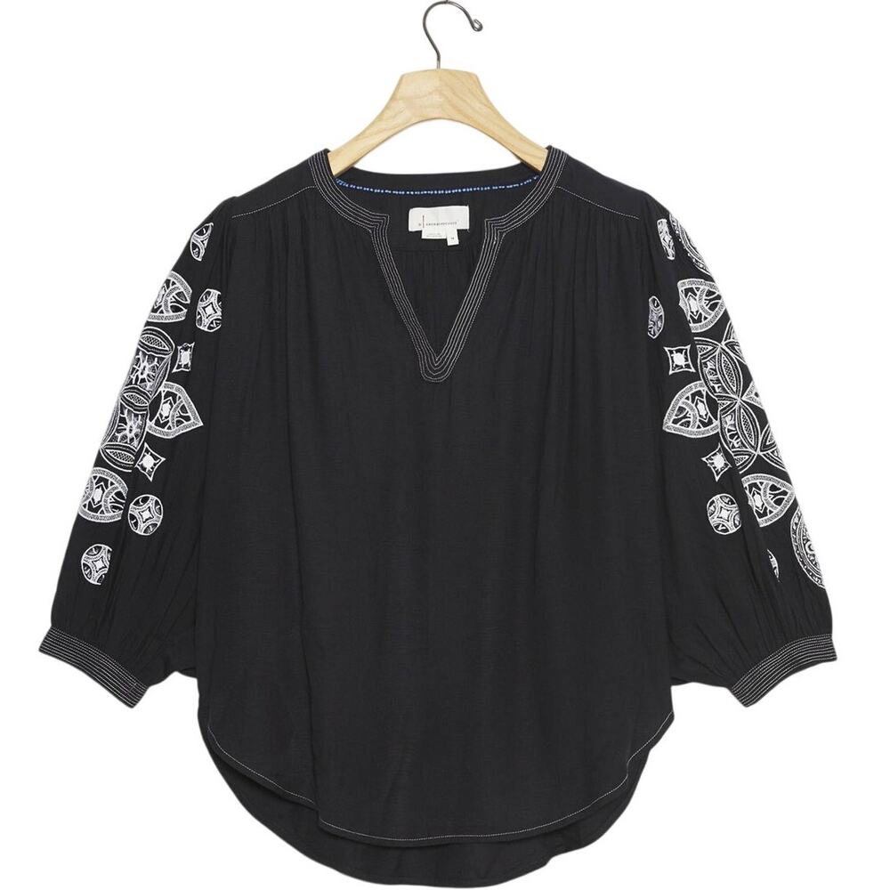 New Anthropologie Remy Embroidered Blouse $148 SMALL Navy Blue Geo Retro Boho